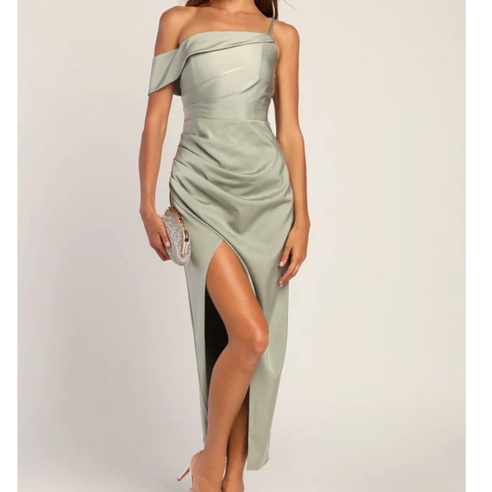 Little Sage Green Asymmetrical Tulip Midi Dress from Lulu’s!